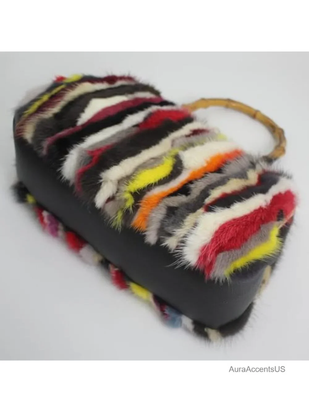 Genuine Mink Fur Animal Print Clutch with Kisslock Frame and Faux Wood Handle